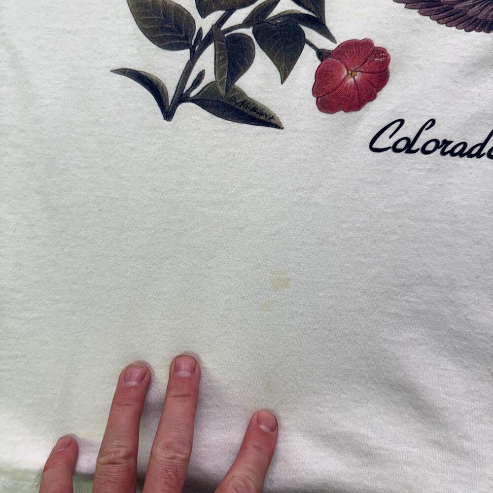 Women's Vintage 90's Colorado Hummingbirds Flowers White Bird Tee Shirt Sz M VTG - Picture 3 of 9